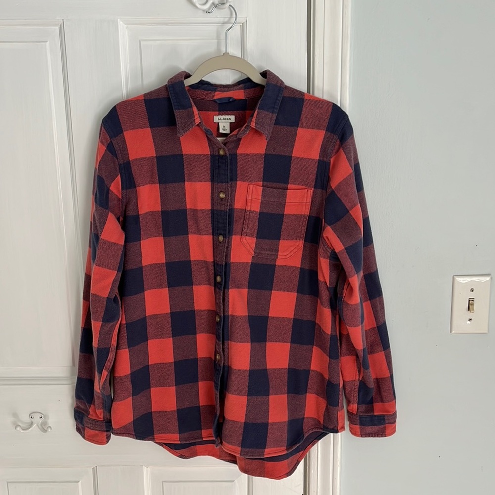 L.L.Bean orange and navy checkered soft flannel shirt.